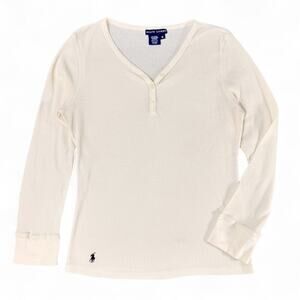 Ralph Lauren Thermal Henley Pony Shirt VTG Fitted Y2K GranolaGirl Cream Womens M